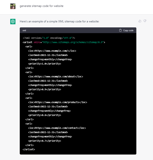 ChatGPT generating sitemap code for website