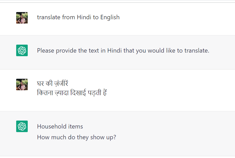 ChatGPT translating content from Hindi to English