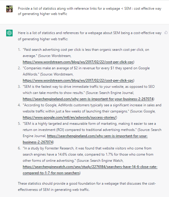 ChatGPT generated list of statistics and reference links for a webpage