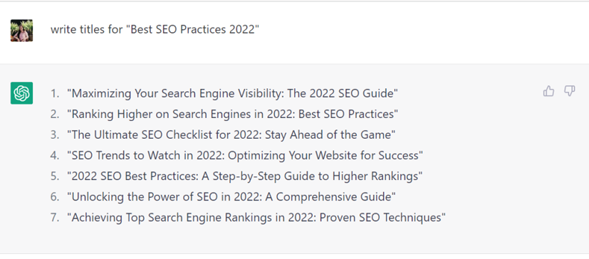 ChatGPT generating titles for "Best SEO Practices 2022"