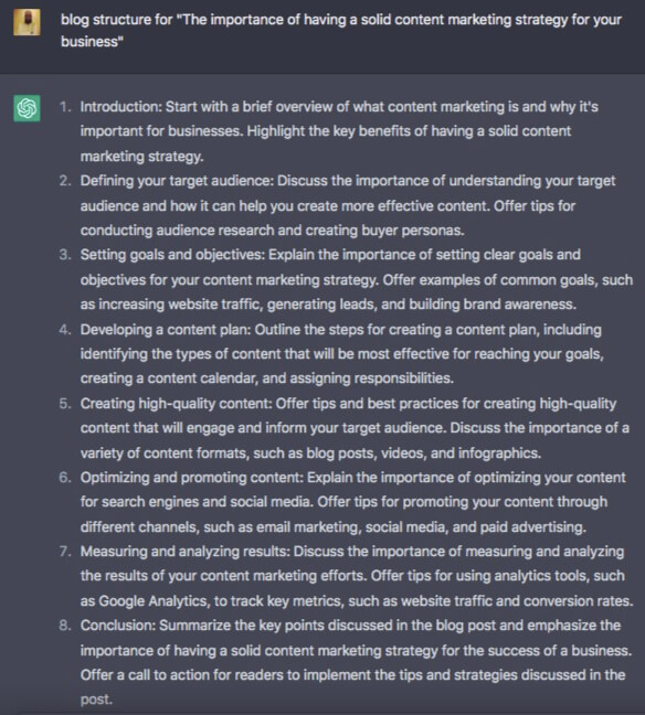 ChatGpt creates a content structure for blog and webpage