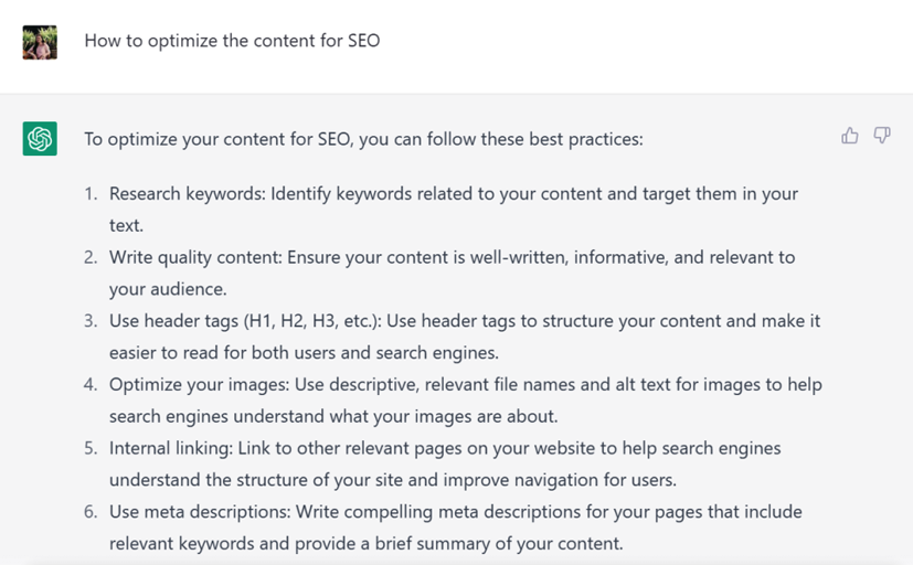 ChatGPT suggestions for optimizing content