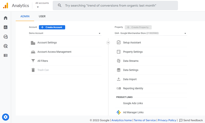 The admin section of GA4 account