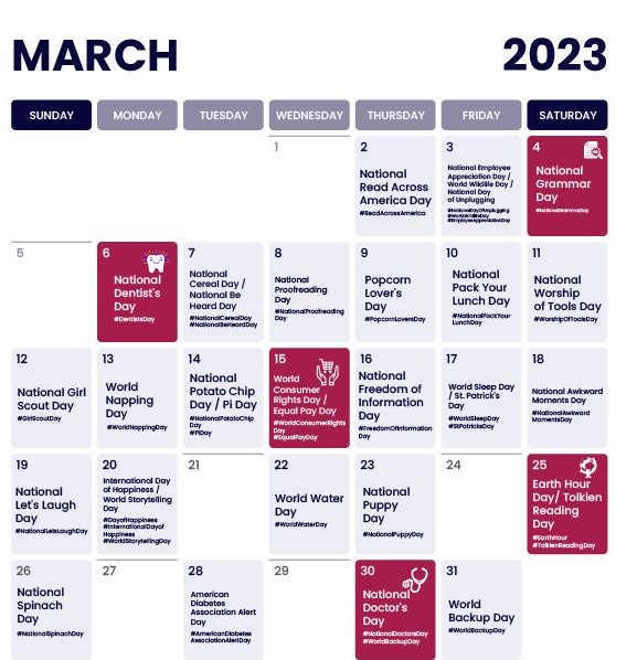 Social Media Content Calendar For March 2023