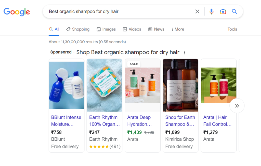 Google Search on Best Organic Shampoo for Dry Hair