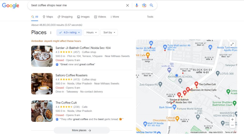 Google Search on "Best Coffee Shops Near Me"