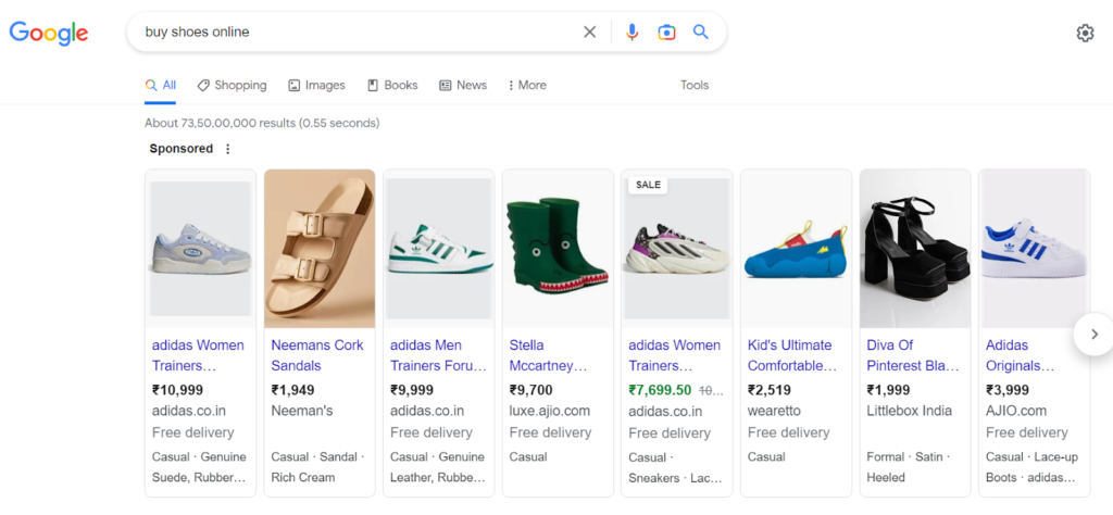 Search Engine Advertising - search result on "Buy Shoes Online" SEO vs PPC