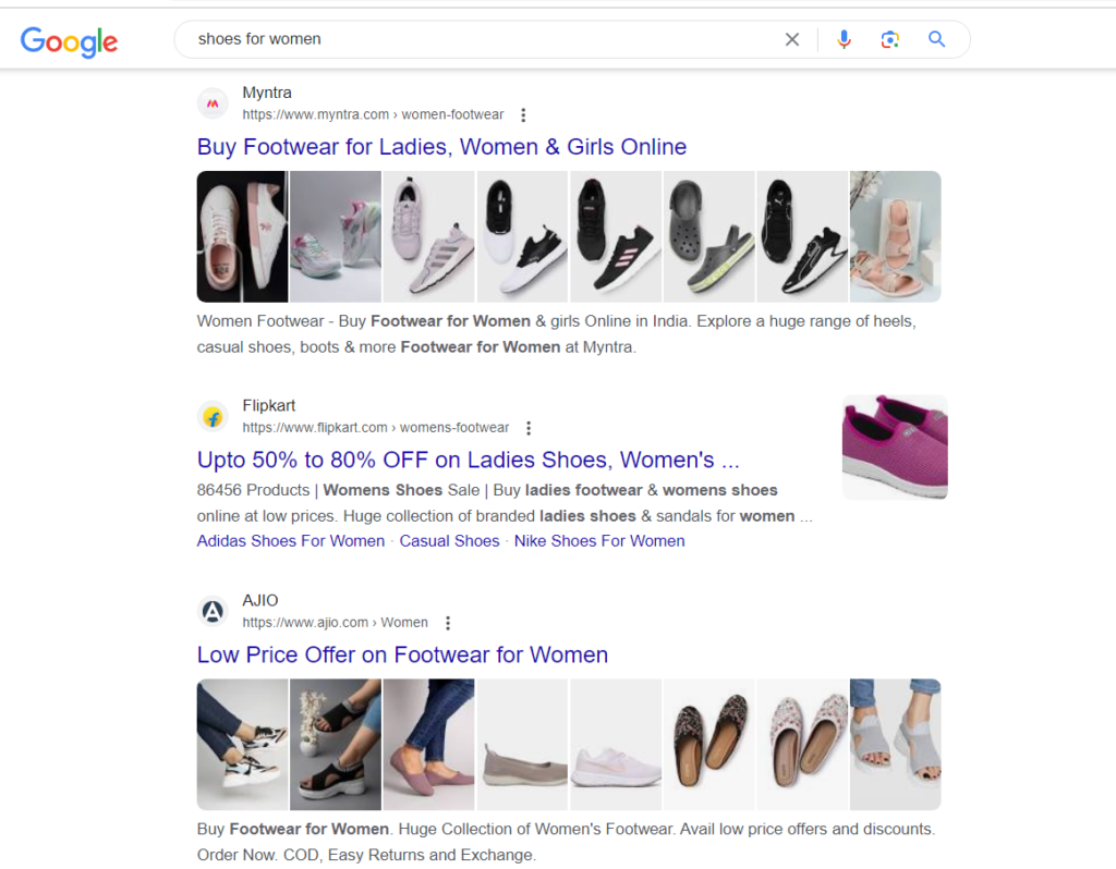 Google Search on "Shoes for women"