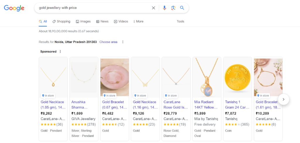 Google Paid Result on "Gold Jewellery with price"