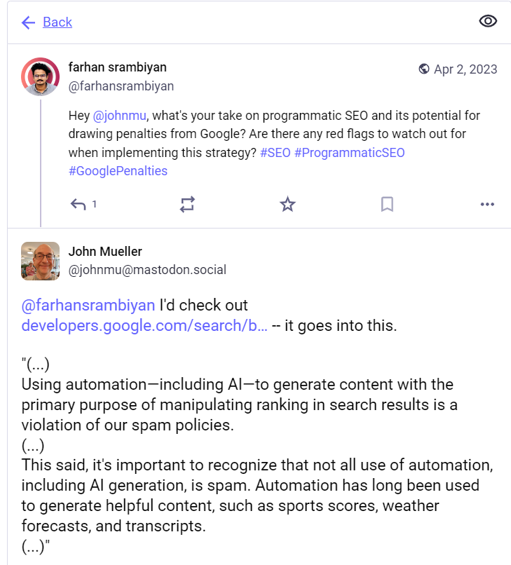 John Mueller's Response to Programmatic SEO and its potential for drawing penalties from Google - Mastodon