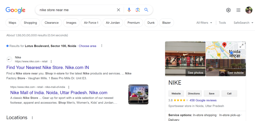 Search Engine Result Page - Google Search on user query: "Nike store near me"