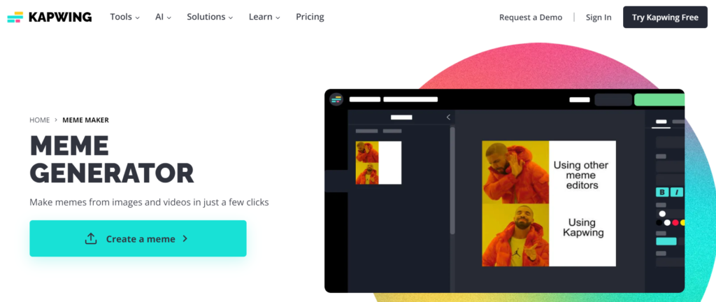 Kapwing stands out as a free, online meme maker enabling users to craft memes from images, videos, and GIFs.