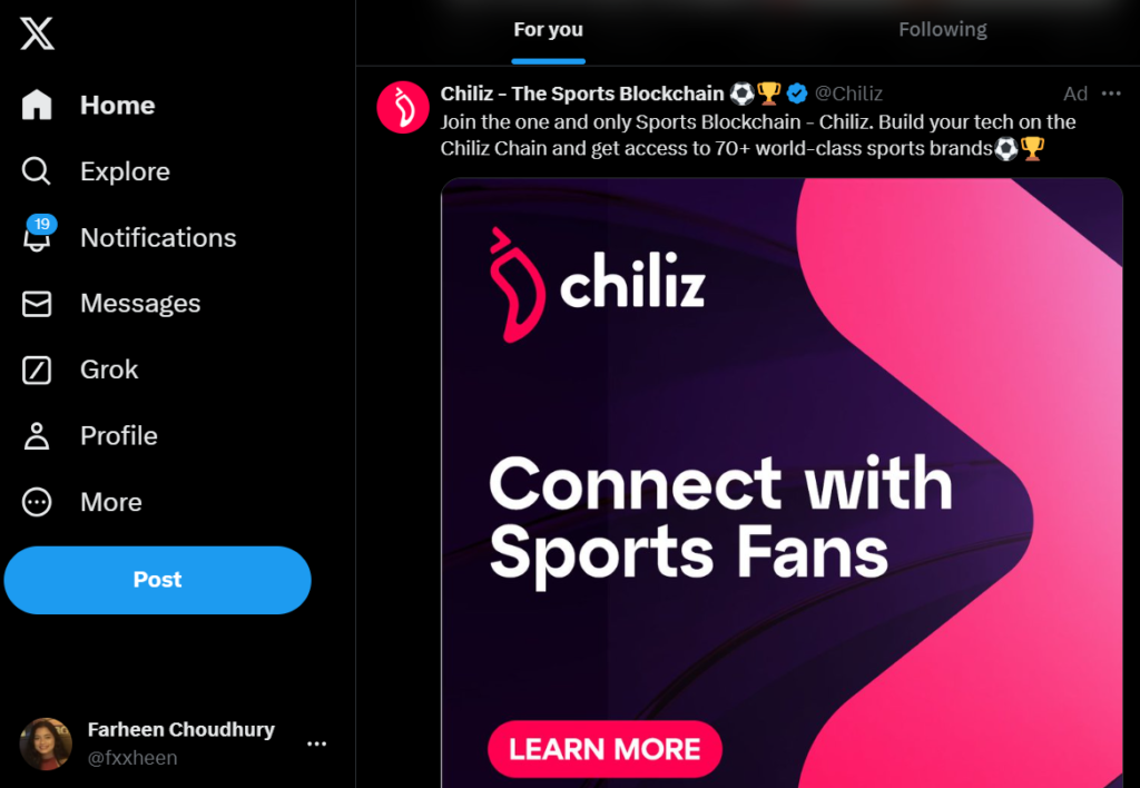 Social media advertisement by Chiliz on X (Twitter)