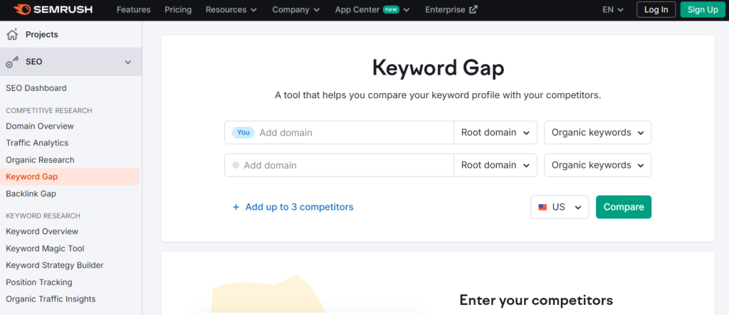 SEMrush Keyword Gap Tool for SEO Audit